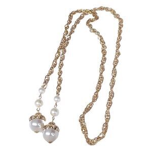Vintage lariat flapper tie front chain and faux pearl necklace.